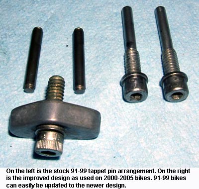 91-99 Sportster tappet anti-rotation pins compared to 00-05 pins